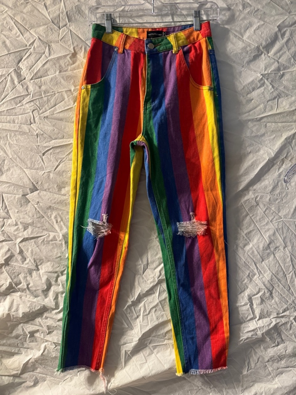 PrettyLittleThing Festival Rainbow Stripe Denim High Rise Skinny Jeans w/Raw Hem